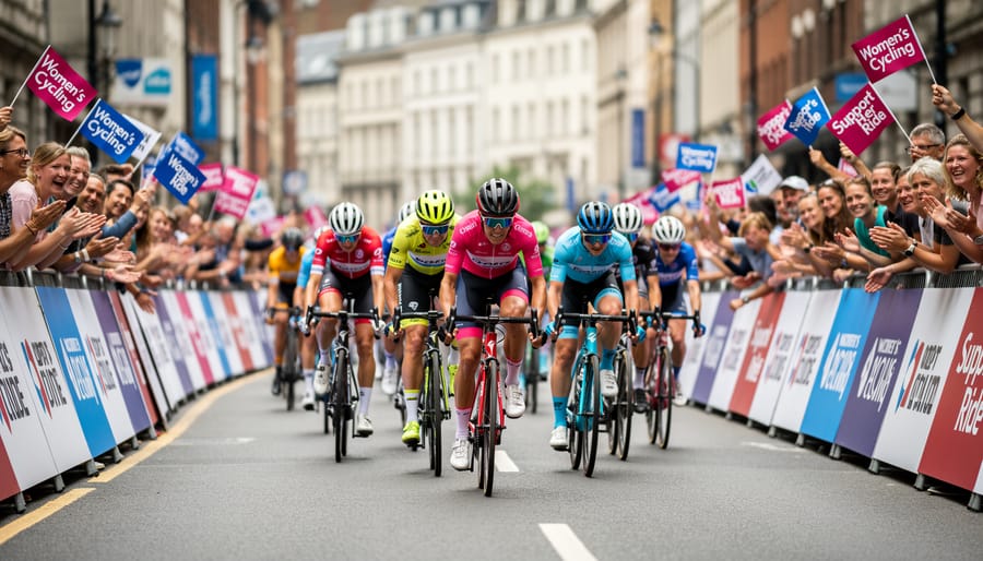 Enthusiastic spectators cheering at roadside during women's professional cycling race