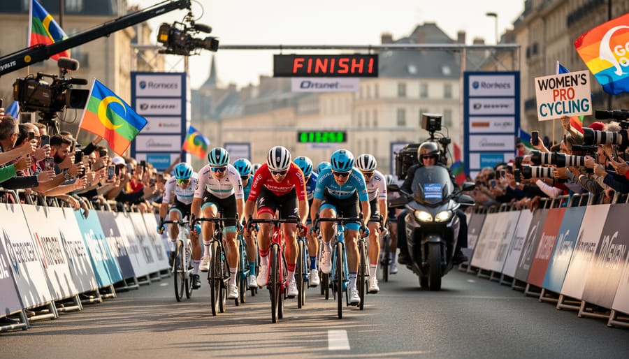 Women professional cyclists racing in competitive peloton during road cycling event