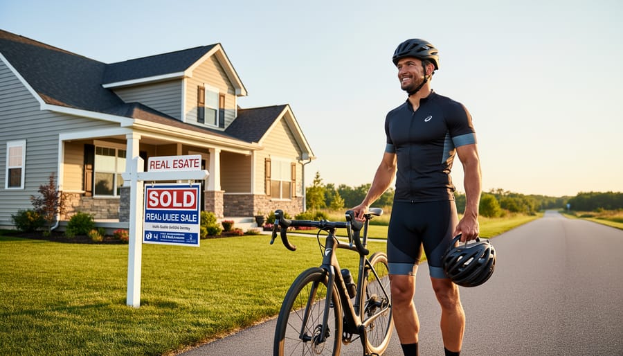 Woman cyclist riding on open road with dramatic sky symbolizing freedom and moving forward
