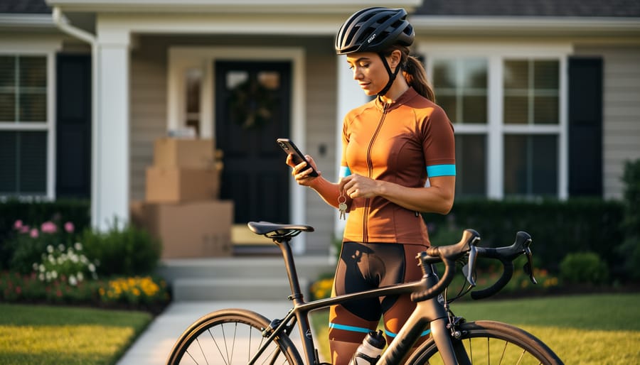 Woman cyclist in jersey and helmet stands by a road bike in front of a suburban house, holding a keyring and checking her smartphone in warm golden-hour light, with a blurred garden and a few unlabeled moving boxes near the doorway.