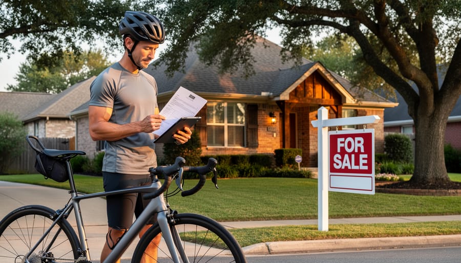 Woman cyclist standing with her bike in front of house with for sale sign