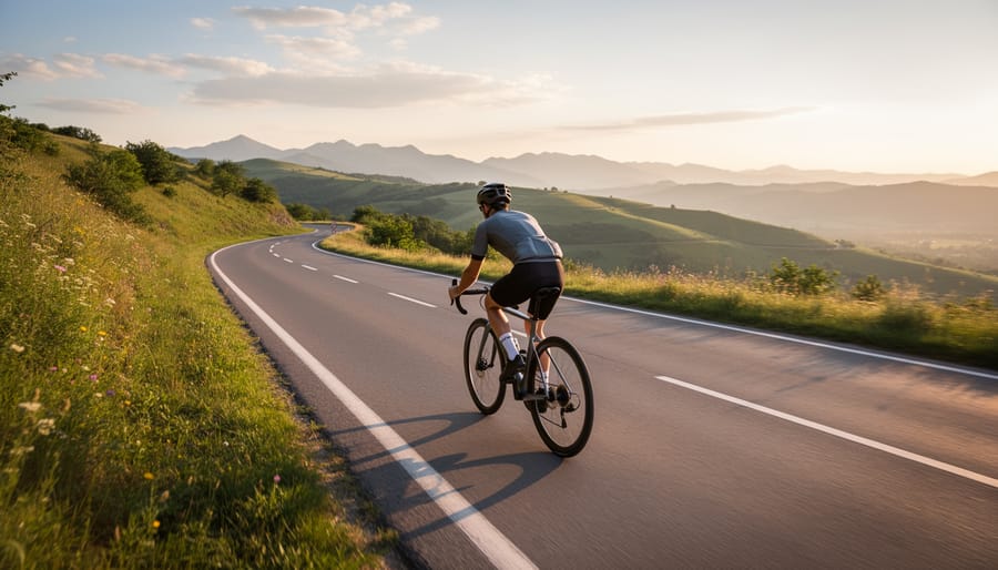 Solo woman cyclist riding on open country road at sunrise