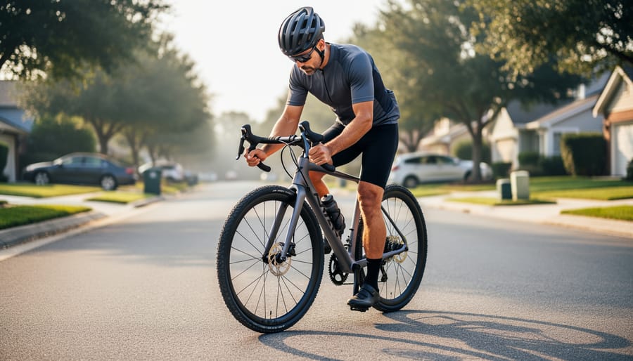 Female cyclist's hands on road bike handlebars from rider's perspective during a ride