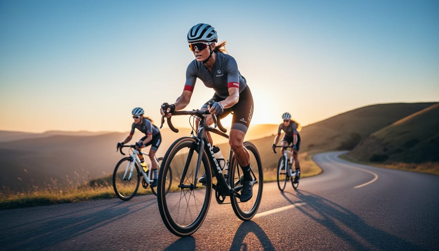 Low-angle wide shot of a woman cyclist cresting a hill at golden hour, rim-lit by the sun, with two women riders blurred on a winding road and rolling hills in the background, conveying empowerment and momentum.
