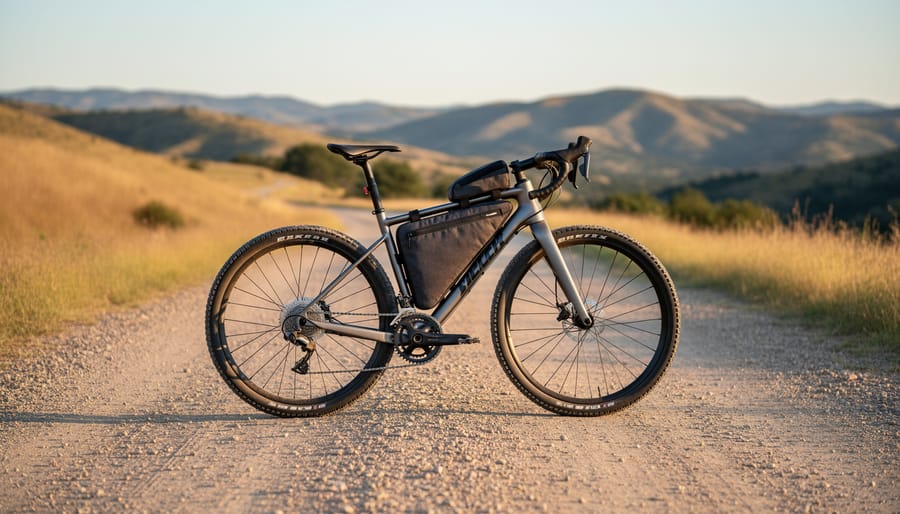 Gravel bike with gear setup leaning against fence in countryside