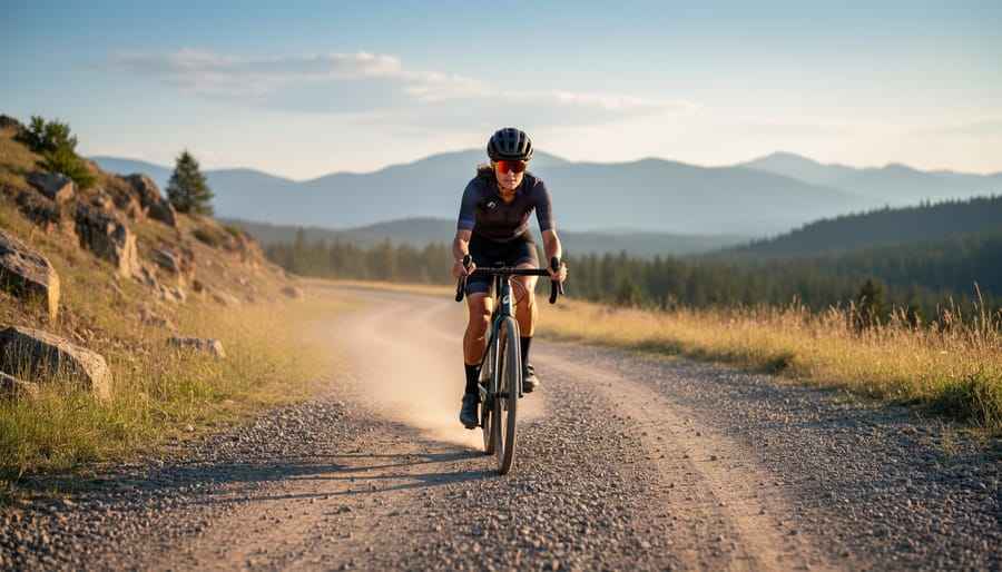 Woman cycling on gravel bike through forest trail in golden hour lighting