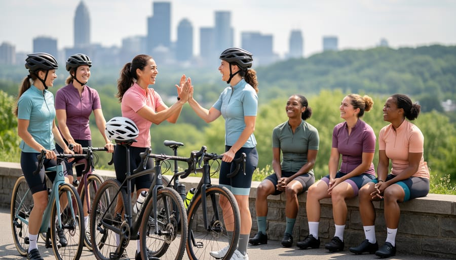 Three women cyclists laughing together on a forest trail with their bikes