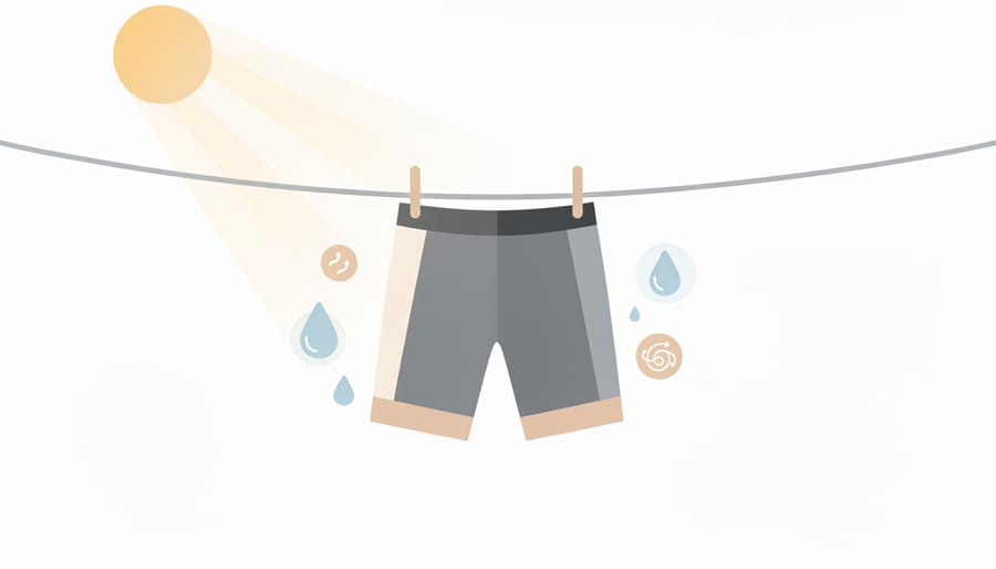 Cotton cycling shorts drying on a rack in a sunlit laundry room with care items nearby