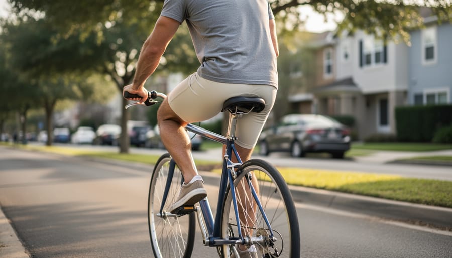 Woman cyclist wearing cotton cycling shorts while seated on a city bike in a park setting