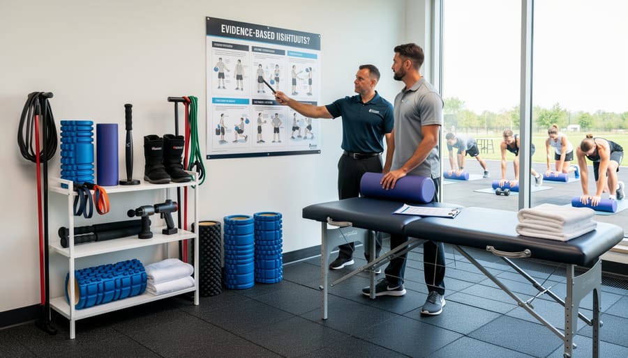 Recovery items like a foam roller and towel arranged in an indoor training room.