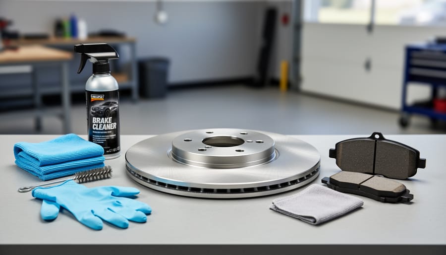 Clean bicycle brake rotor and brake pads with a cloth and gloves laid out nearby on a workbench