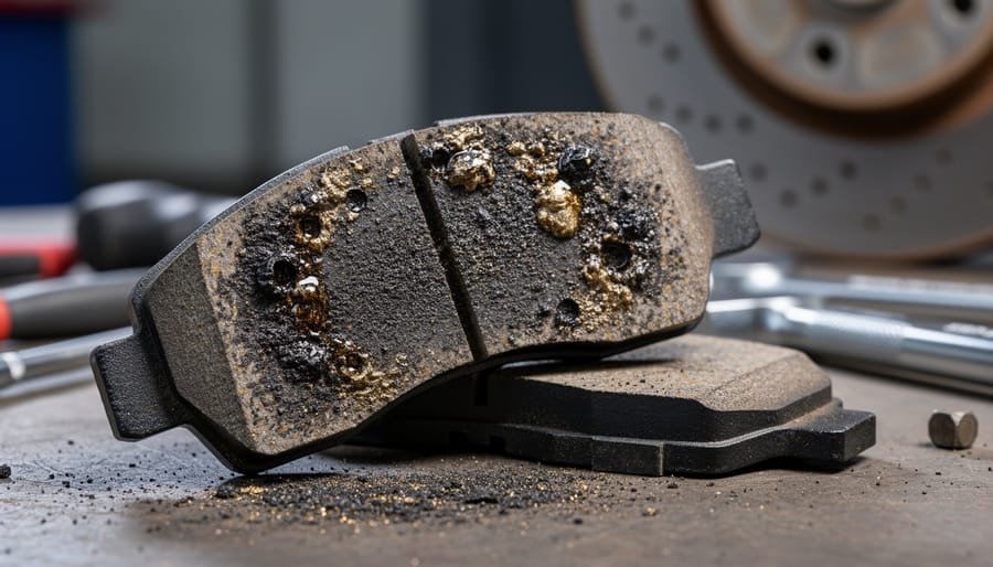 Close-up of bicycle brake pads with visible brake dust and grime on the pad surface