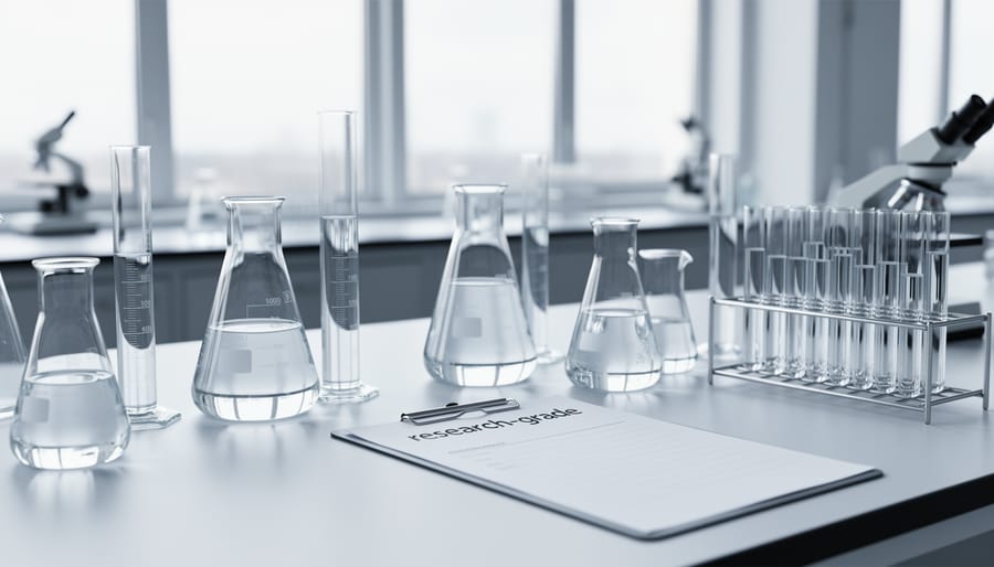 Laboratory glass vials and a pipette on a stainless-steel bench.