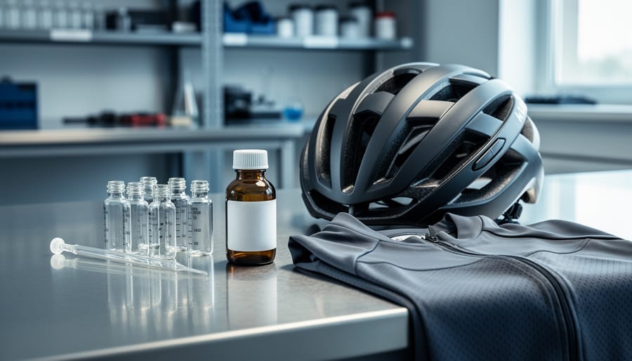 “Laboratory glass vials and a pipette on a workbench next to a cycling helmet and training jersey, representing research peptides appearing in cycling conversations.”
