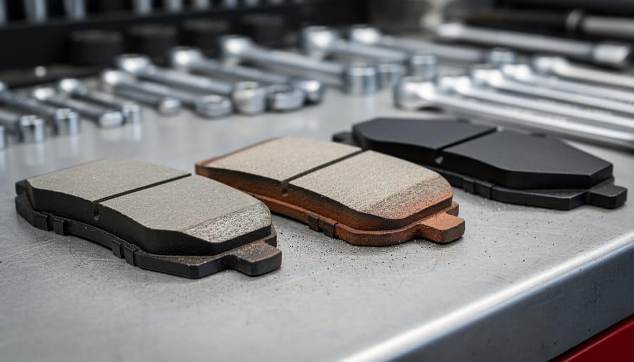 Close-up of bicycle disc brake pads and caliper hardware on a clean workbench.