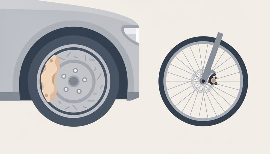 Workshop scene showing car brake components and bicycle brake rotor parts emphasizing different brake wear contexts.