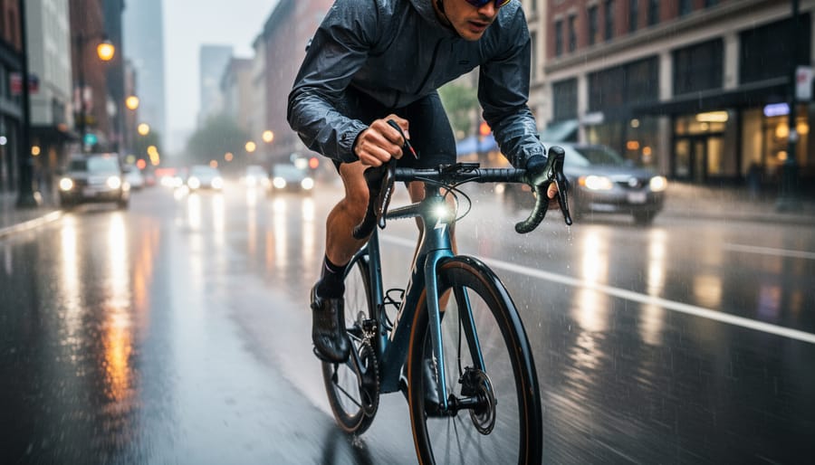 Cyclist braking on a wet mountain road with road spray and wet asphalt visible.