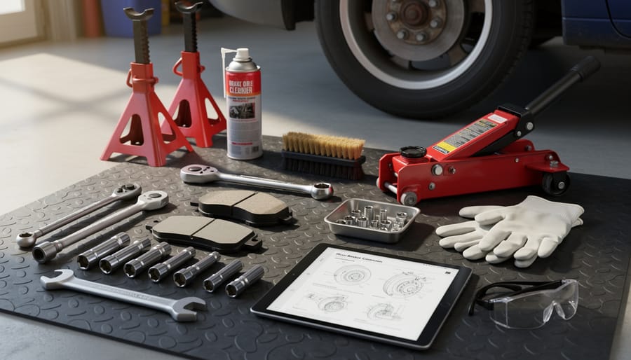 Tools and new brake pads arranged on a work surface next to a bicycle wheel for maintenance