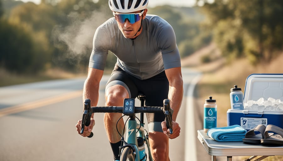 Condensation-covered water bottle and towel on a bench with blurred cyclist stretching in the background
