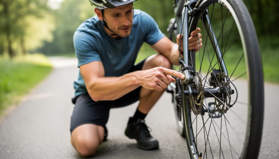 Woman cyclist wearing gloves inspecting rim brake pads using a flashlight at home