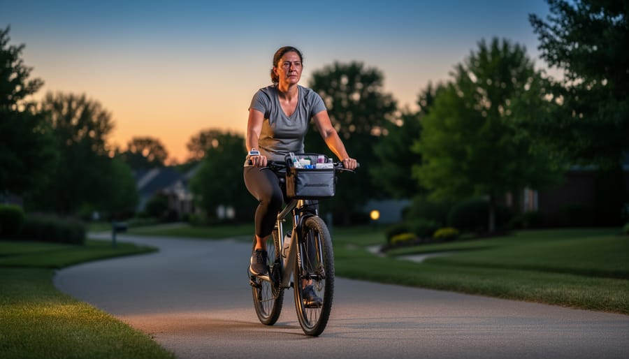 Woman cyclist riding at dusk on a quiet road shoulder with warm golden sunlight