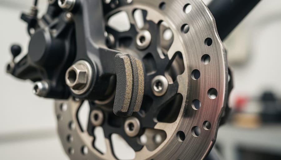 Macro close-up of worn bicycle disc brake pads inside the caliper with the rotor visible